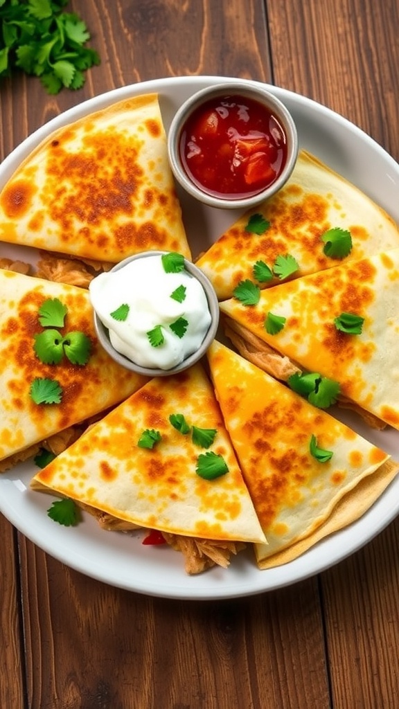 Cheesy chicken quesadillas cut into wedges, served with salsa and sour cream on a rustic table.